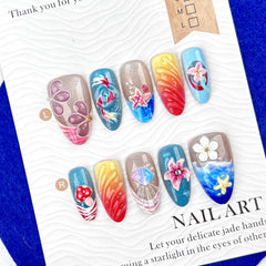 Island Vacation Cat Eye on Nails 10Pcs Medium Almond Nails
