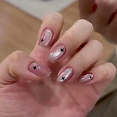 Star Cat Eye Pink Press on Nails 24Pcs Short Squoval Nails