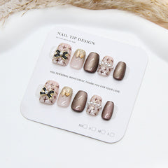 Diamond Bow Plaid Cat Eye(Handmade press on nails)/10Pcs Squoval Nails