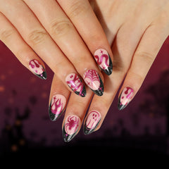 Purple Flame Spider Web Press on Nails 24Pcs Short Almond Nails