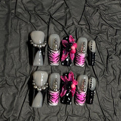 Pink Stripes 3D Flower(Handmade press on nails)/10Pcs Square Nails