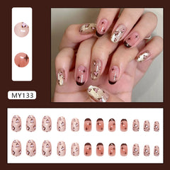 French Blush Leopard Cat Eye Press on Nails 24Pcs Medium Oval Nails