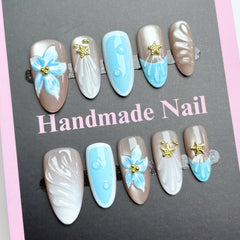 3D Blue Flower Shell(Handmade press on nails)/10Pcs Almond Nails
