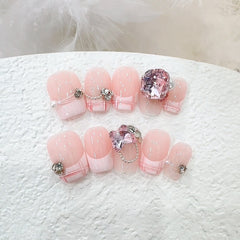 Pink Plaid French Diamond Handmade press on Nails / 10Pcs Squoval Nails