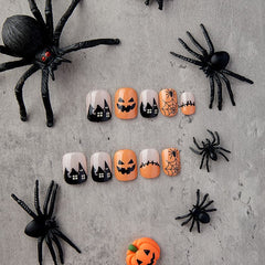 Ghost Face Spider Web Press on Nails 24Pcs Short Squoval Nails