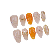 Bow 3D Flower Handmade press on Nails / 10Pcs Almond Nails