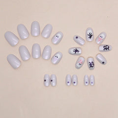 White Aurora Ghost Press on Nails 24Pcs Short Oval Nails