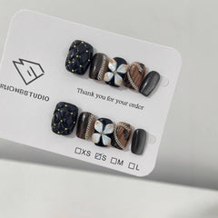 Plaid 3D Flower Handmade press on Nails / 10Pcs Squoval Nails