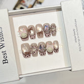 Leopard print French Cat Eye(Handmade press on nails)/10Pcs Square Nails