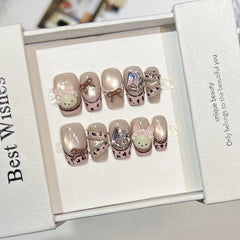Leopard print French Cat Eye(Handmade press on nails)/10Pcs Square Nails