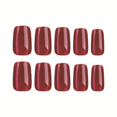 Cat Eye Simple Red Press on Nails 24Pcs Short Squoval Nails