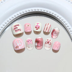 Bunny Pastry Bow Cat Eye(Handmade Press On Nails)/10Pcs Short Children's Nails