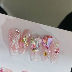 Pink Diamond Butterfly Handmade press on Nails / 10Pcs Ballerina Nails