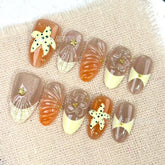 Cream French Smudged Cat Eye on Nails 10Pcs Short Almond Nails