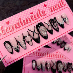 French Black Bow(Handmade press on nails)/10Pcs Almond Nails