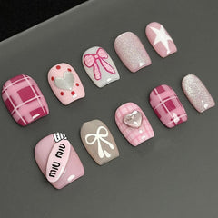 Bowknot Check Barbie Pink Cat Eye(Handmade press on nails)/10Pcs Squoval Nails