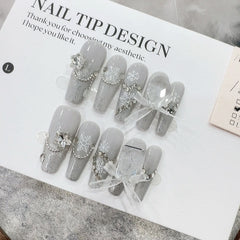 Snowflake Bow Diamond Handmade press on Nails / 10Pcs Squoval Nails