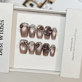 Glass Bead Zircon Cat Eye(Handmade press on nails)/10Pcs Square Nails