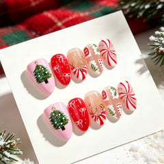 Pink Christmas Tree Bow Presson on Nails 10Pcs Medium Almond Nails