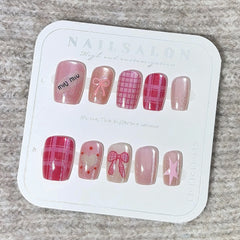 Bowknot Check Barbie Pink Cat Eye(Handmade press on nails)/10Pcs Squoval Nails
