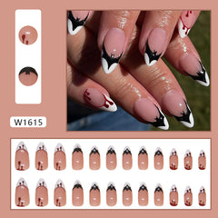 White French Bat Press on Nails 24Pcs Medium Almond Nails