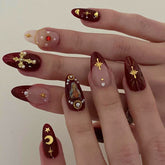 Star Moon Cross Press on Nails 24Pcs Medium Almond Nails