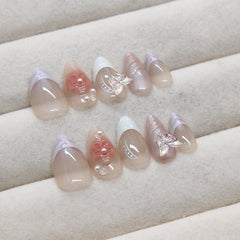 French 3D Flower Butterfly Purple Press on Nails 24Pcs Short Almond Nails