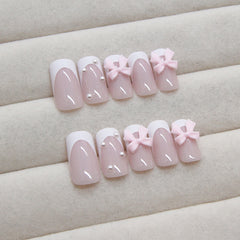 French Bow Pearls Pink Press on Nails 24Pcs Medium Squoval Nails