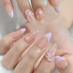 French 3D Bow Flowers Purple Press on Nails 24Pcs Medium Almond Nails