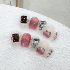 Cat's Eye Pearl Diamond Handmade press on Nails / 10Pcs Squoval Nails