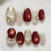 Gilt Glass Beads Cat Eye on Nails 10Pcs Medium Oval Nails