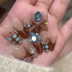 Blue Brown Plaid Diamond Bow Press on Nails 24Pcs Long Ballerina Nails
