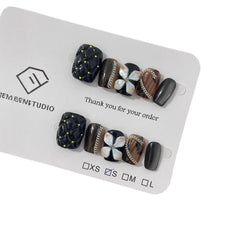 Plaid 3D Flower Handmade press on Nails / 10Pcs Squoval Nails