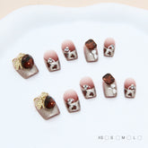Diamond Bow Cat Eye Leopard Print(Handmade press on nails)/10Pcs Squoval Nails