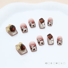 Diamond Bow Cat Eye Leopard Print(Handmade press on nails)/10Pcs Squoval Nails