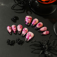 Purple Flame Spider Web Press on Nails 24Pcs Short Almond Nails