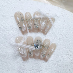 Snowflake Cat Eye Diamond Handmade press on Nails / 10Pcs Ballerina Nails