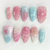 Ripple Bow Flower Pearl Gradient on Nails 24Pcs Medium Almond Nails