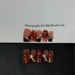 Burgundy Floral(Handmade press on nails)/10Pcs Square Nails