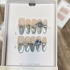Blue Star Cat Eye Handmade press on Nails / 10Pcs Stiletto Nails
