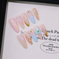 3D Flower Summer Ocean Handmade press on Nails / 10Pcs Almond Nails