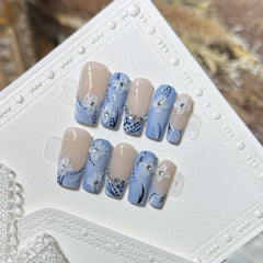 Blue and White Porcelain(Handmade press on nails)/10Pcs Ballerina Nails