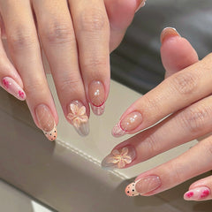 Pink Flower Vacation Press on Nails 10Pcs Medium Almond Nails