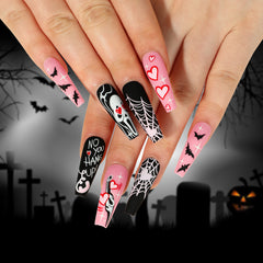 Ghost Spider Web Press on Nails 24Pcs Long Ballerina Nails