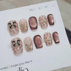 Diamond Bow Plaid Cat Eye(Handmade press on nails)/10Pcs Squoval Nails