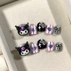 Kuromi Striped Bow(Handmade Press On Nails)/10Pcs Short Children's Nails