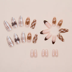 Plaid French Bow Press on Nails 24Pcs Medium Almond Nails