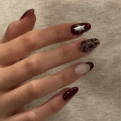 Leopard Print Stars Presson on Nails 24Pcs Medium Almond Nails