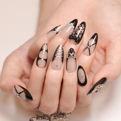 French Black Bow(Handmade press on nails)/10Pcs Almond Nails