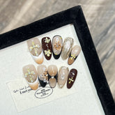 Cross Three-Dimensional Carved(Handmade press on nails)/10Pcs Almond Nails